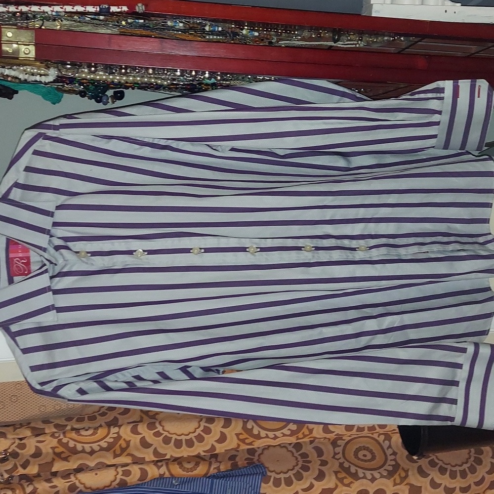 Men's Purple and White Striped Button-Down Shirt